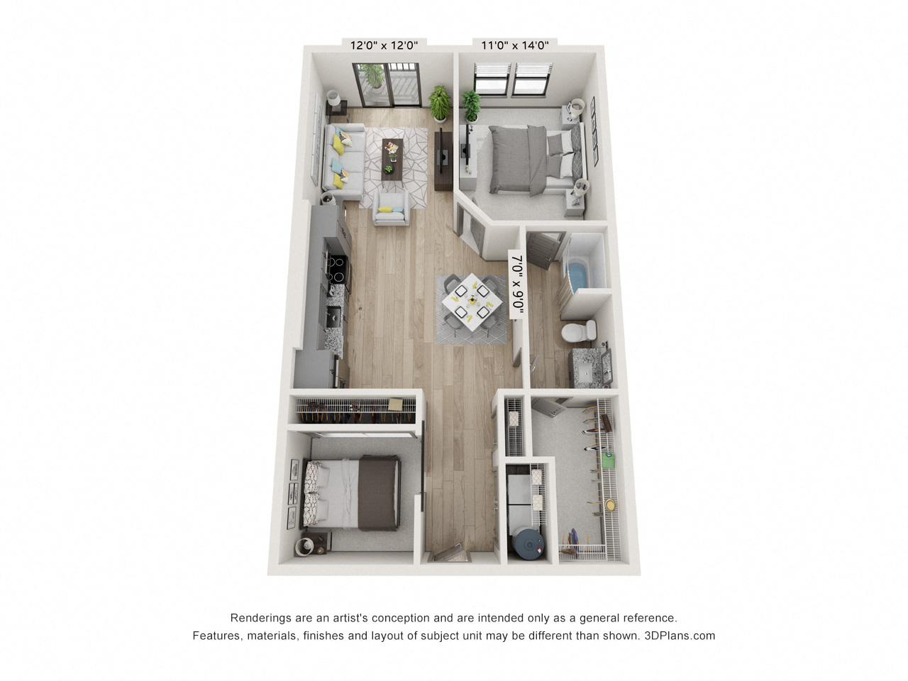 Floor plan for 1 bed, 1 bath, 931 sqft